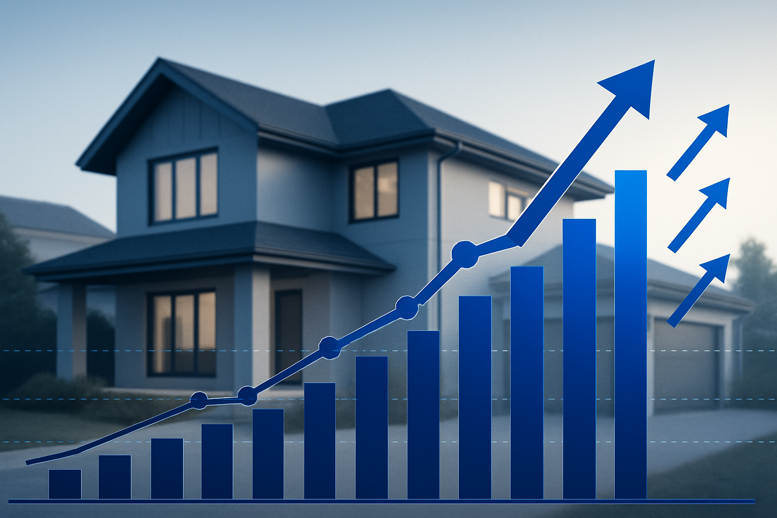 For the same reason, Generate an image that best describes investing with KulVida. Use the "Blu cobalto" color if using colors was necessary. I want the background to be a house with a chart that is going up.